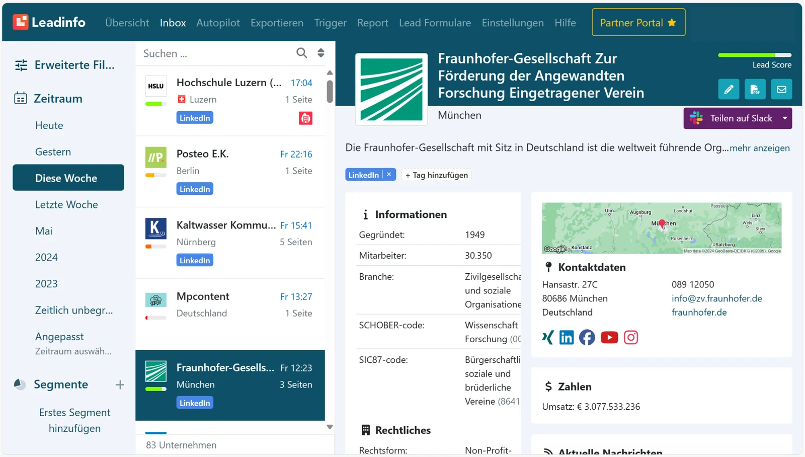 Leadinfo Unternehmensdetail: Lead Score, Firmeninformationen, Kontaktdaten und Standort des identifizierten Besucher-Unternehmens