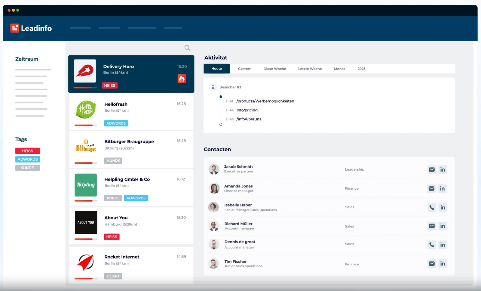 Leadinfo Inbox: identifizierte Website-Besucher mit Tags wie HEISS, ADWORDS und KUNDE, dazu Aktivitätsverlauf und Ansprechpartner